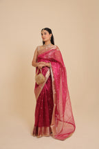Meher - Pink & Red Designer Tissue Silk Booti Saree