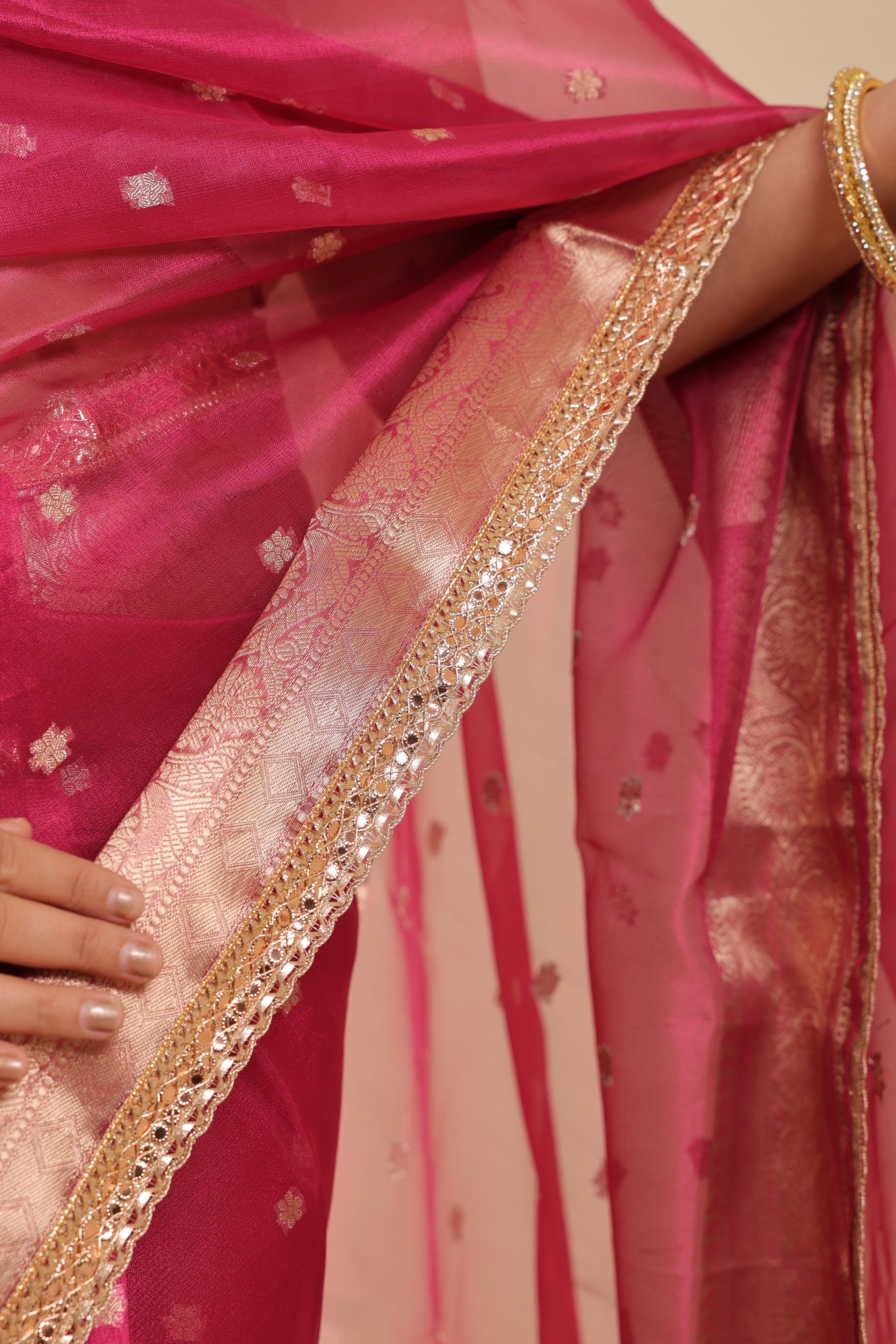 Meher - Pink & Red Designer Tissue Silk Booti Saree