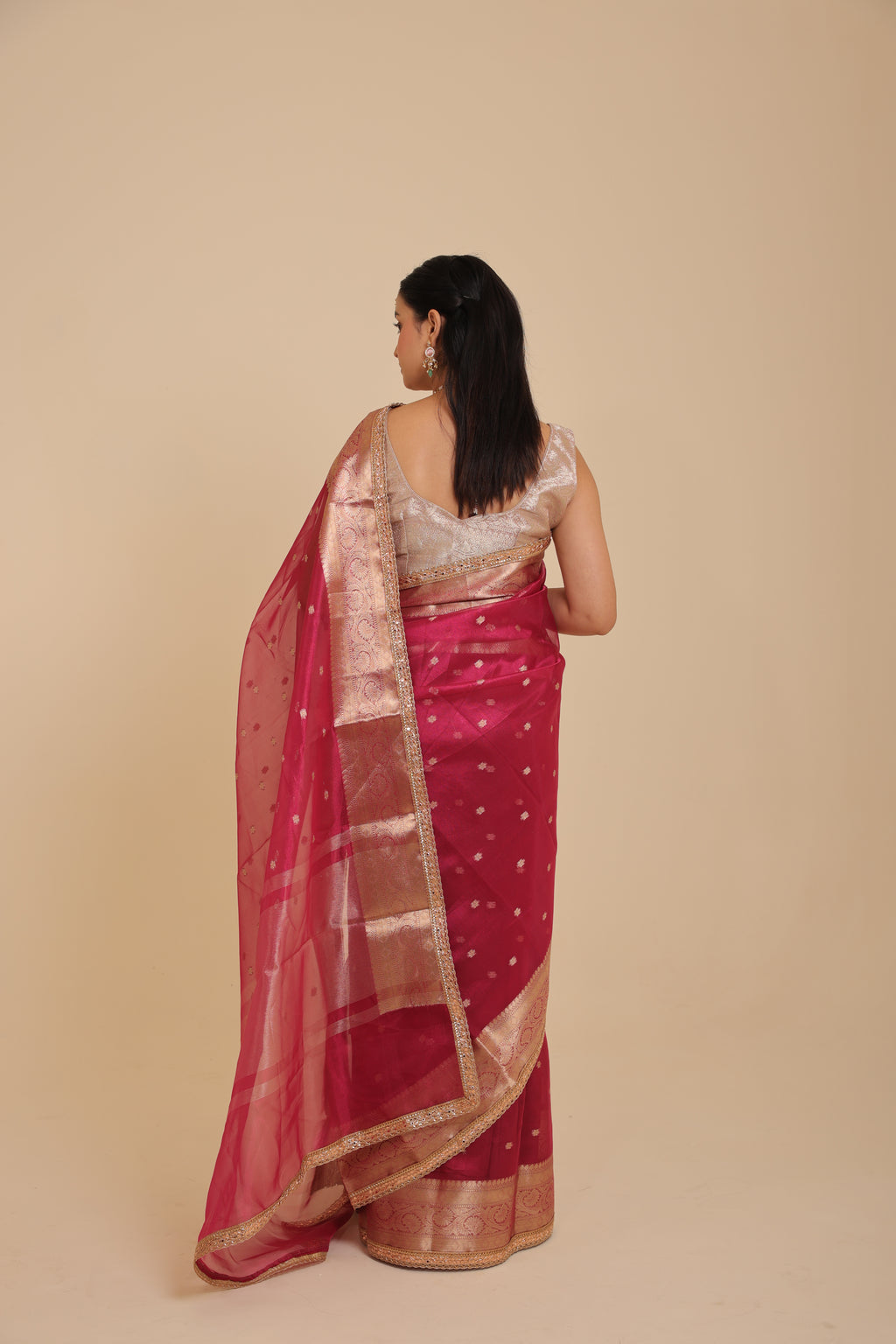 Meher - Pink & Red Designer Tissue Silk Booti Saree