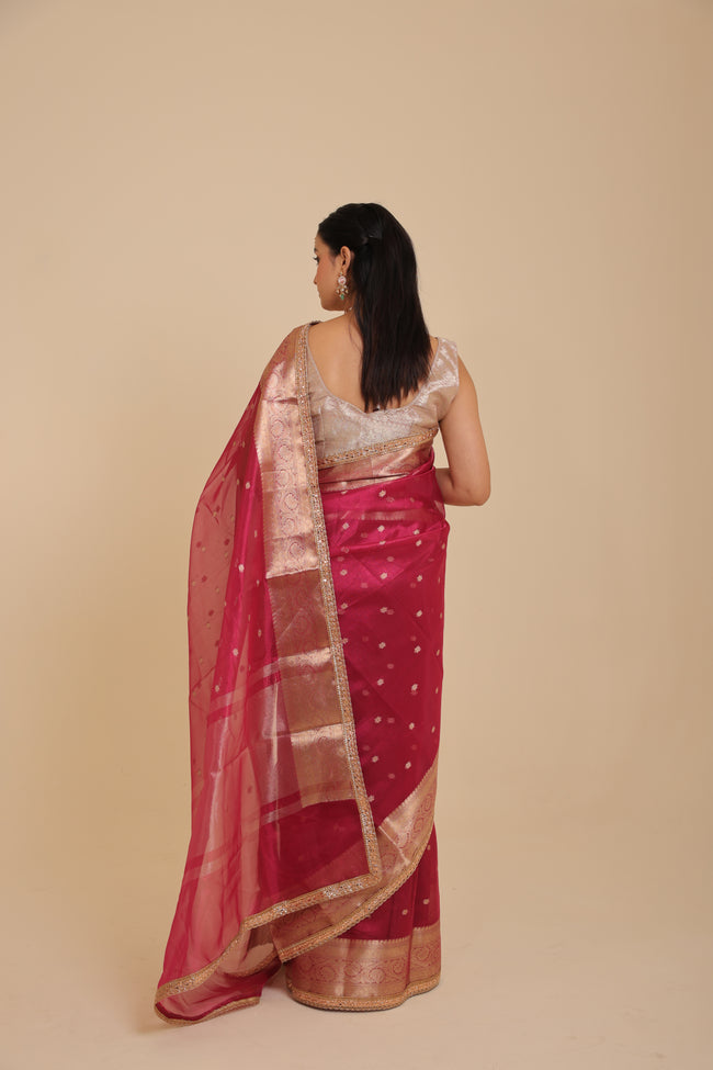 Meher - Pink & Red Designer Tissue Silk Booti Saree Main Image