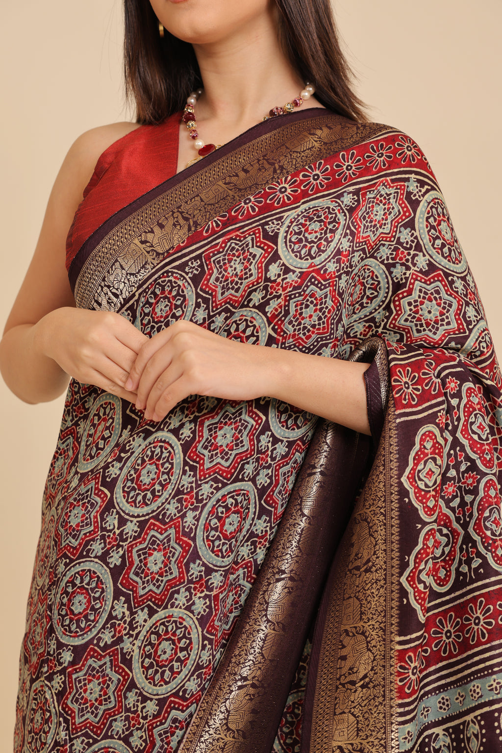 Ajrakh Dola - Silk Blue Saree