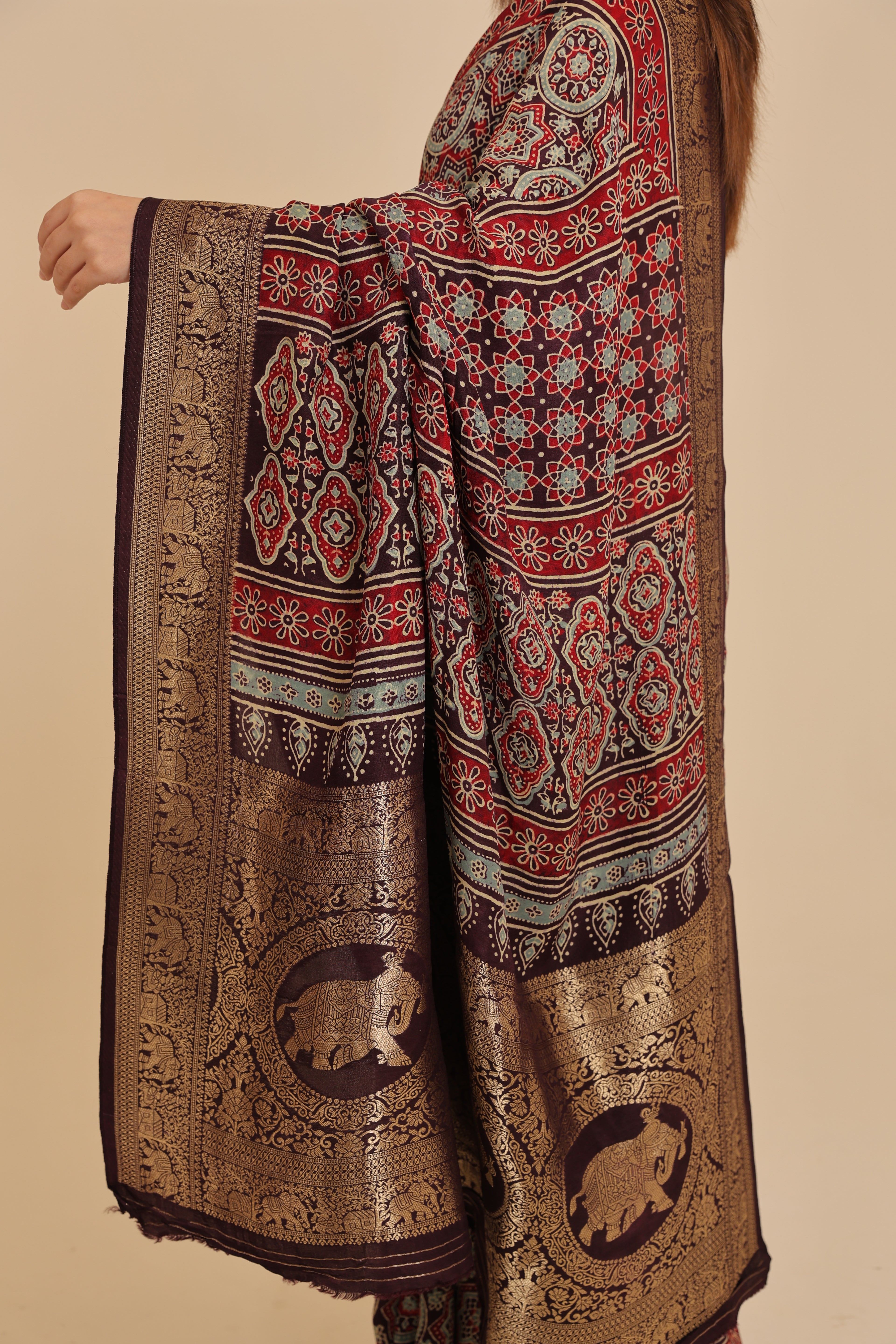 Ajrakh Dola - Silk Blue Saree