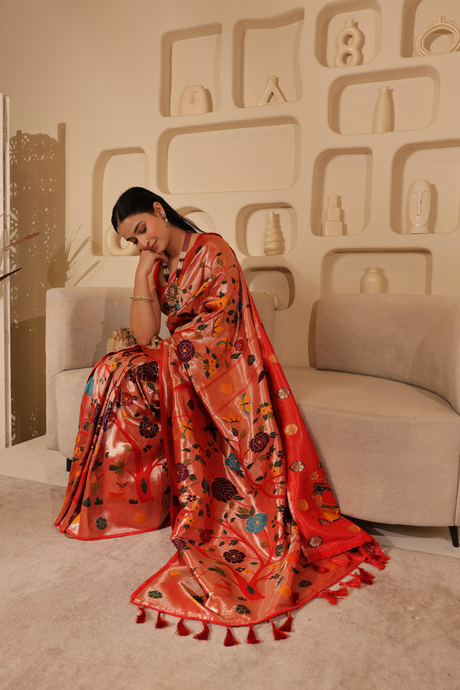 Paithani Dark Red Silk Saree Hover Image