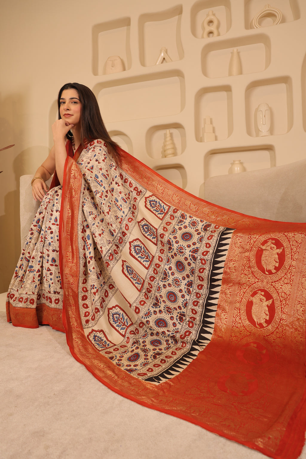 Ajrakh Dola - Silk Cream Saree