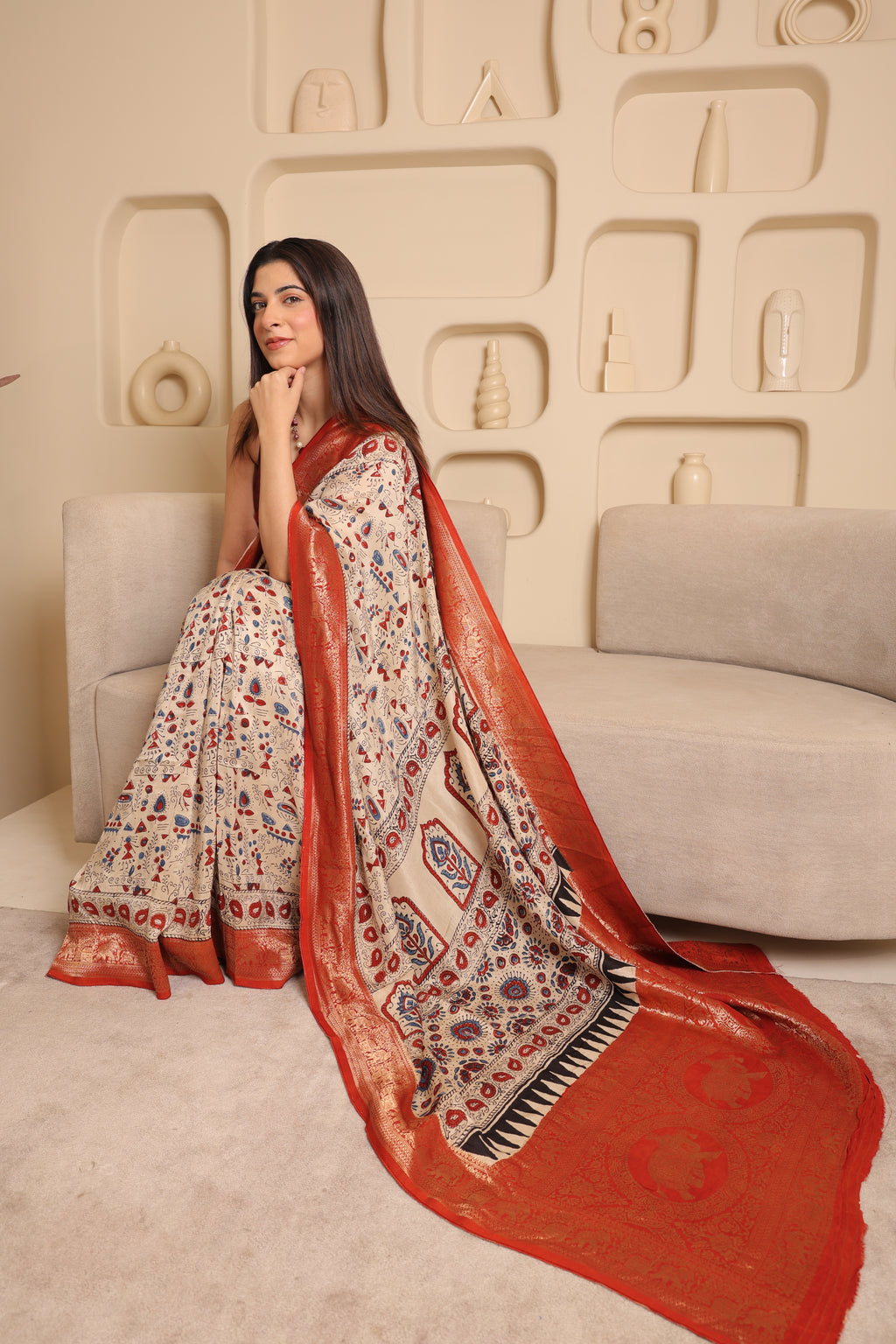 Ajrakh Dola - Silk Cream Saree