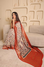 Ajrakh Dola - Silk Cream Saree