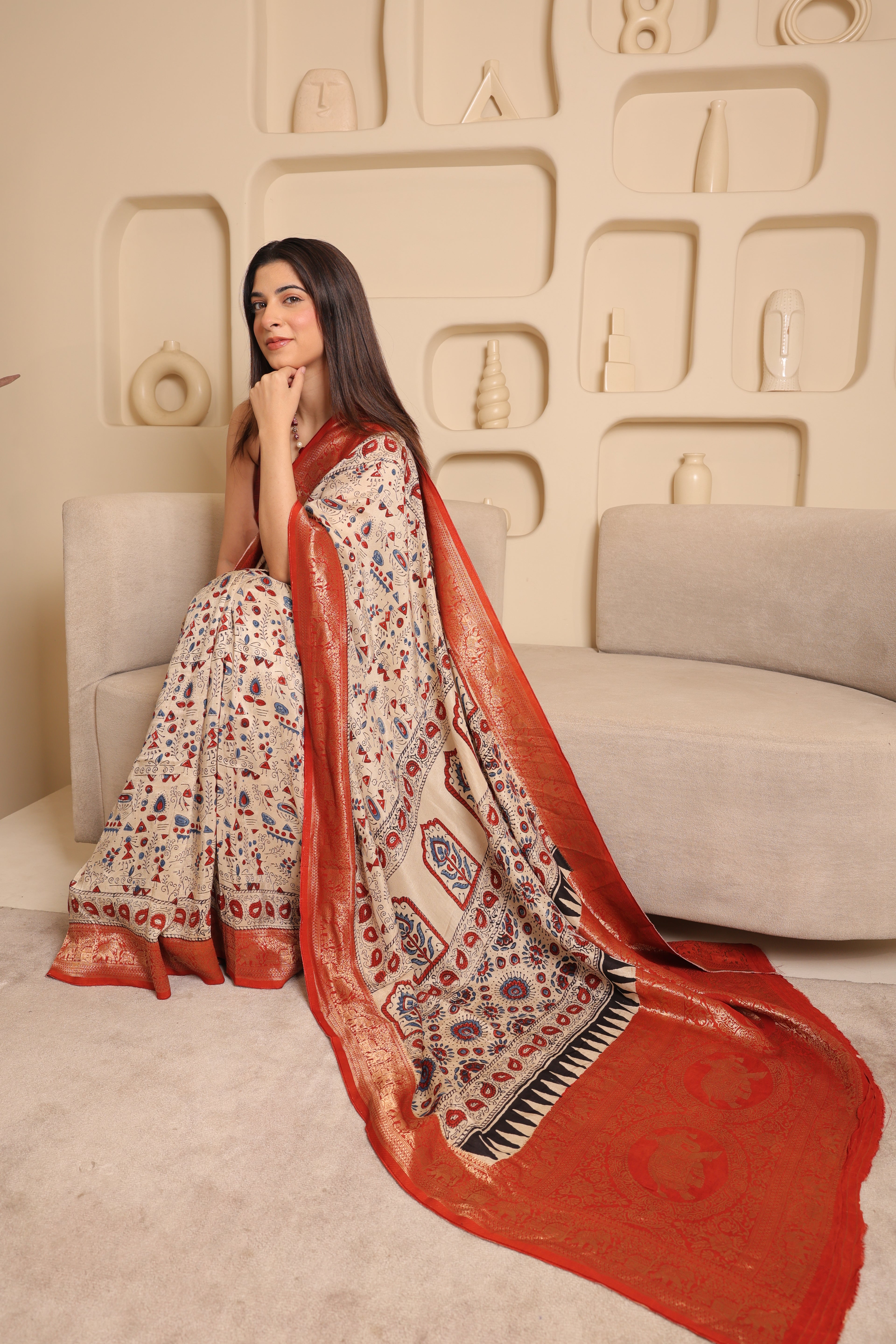 Ajrakh Dola - Silk Cream Saree