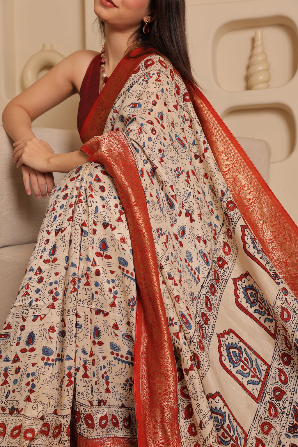 Ajrakh Dola - Silk Cream Saree