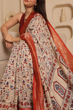 Ajrakh Dola - Silk Cream Saree