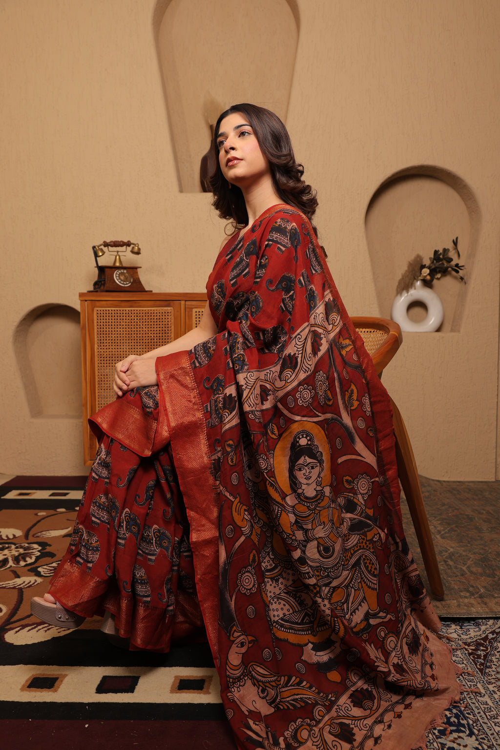 Pen Kalamkari on Chennur Silk – Nizam Border Brown (Elephant) Saree