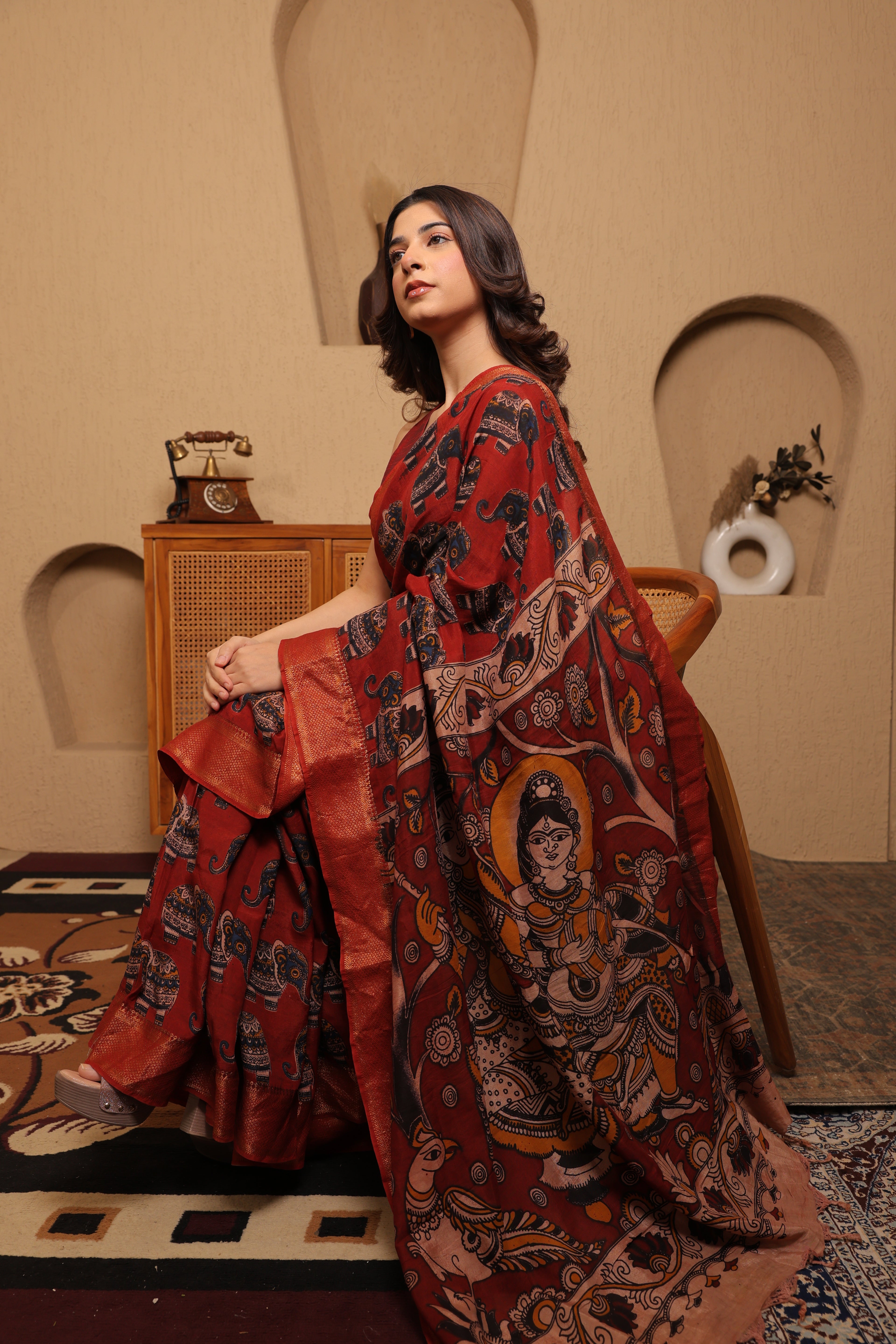 Pen Kalamkari on Chennur Silk – Nizam Border Brown (Elephant) Saree