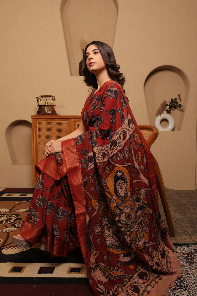 Pen Kalamkari on Chennur Silk – Nizam Border Brown (Elephant) Saree Main Image
