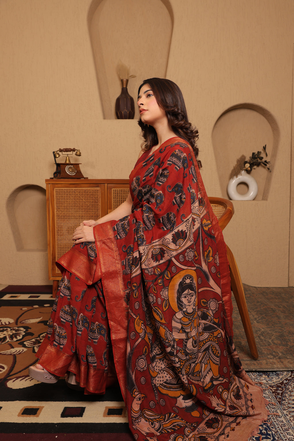 Pen Kalamkari on Chennur Silk – Nizam Border Brown (Elephant) Saree