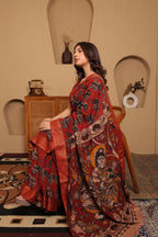 Pen Kalamkari on Chennur Silk – Nizam Border Brown (Elephant) Saree