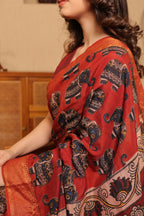 Pen Kalamkari on Chennur Silk – Nizam Border Brown (Elephant) Saree