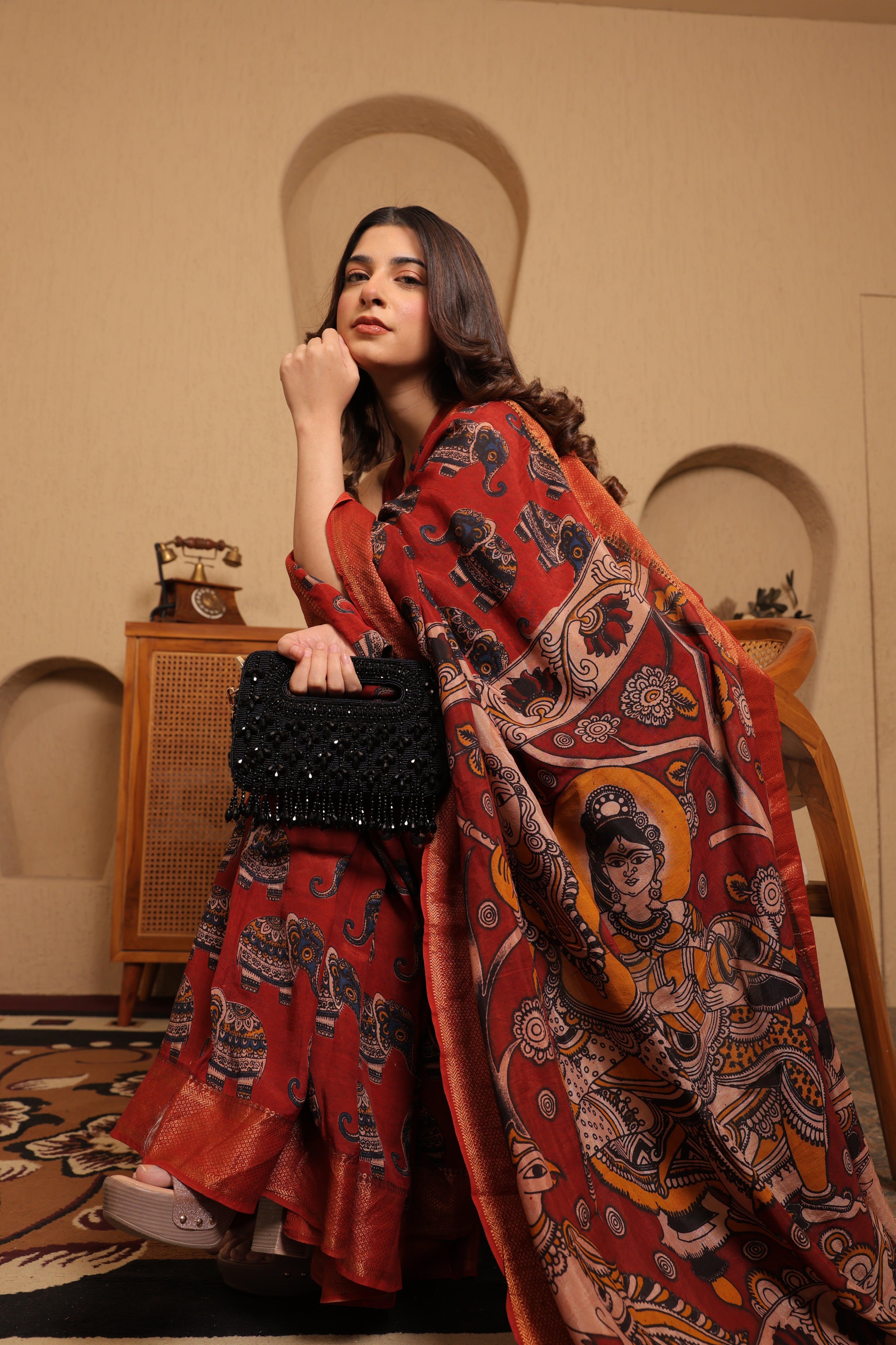 Pen Kalamkari on Chennur Silk – Nizam Border Brown (Elephant) Saree
