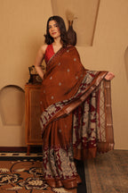 Pen Kalamkari on Chennur Silk – Nizam Border Brown Saree