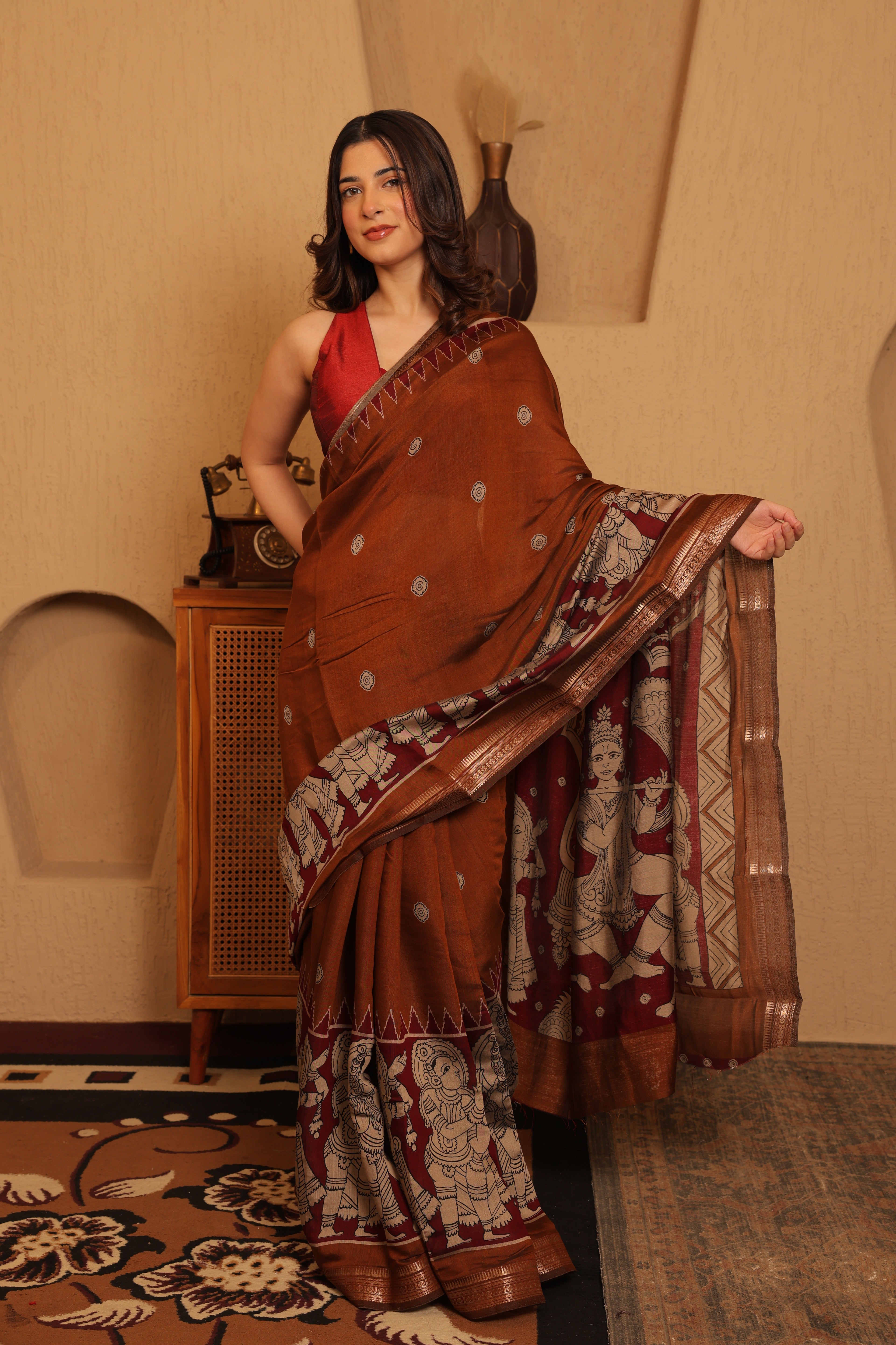 Pen Kalamkari on Chennur Silk – Nizam Border Brown Saree