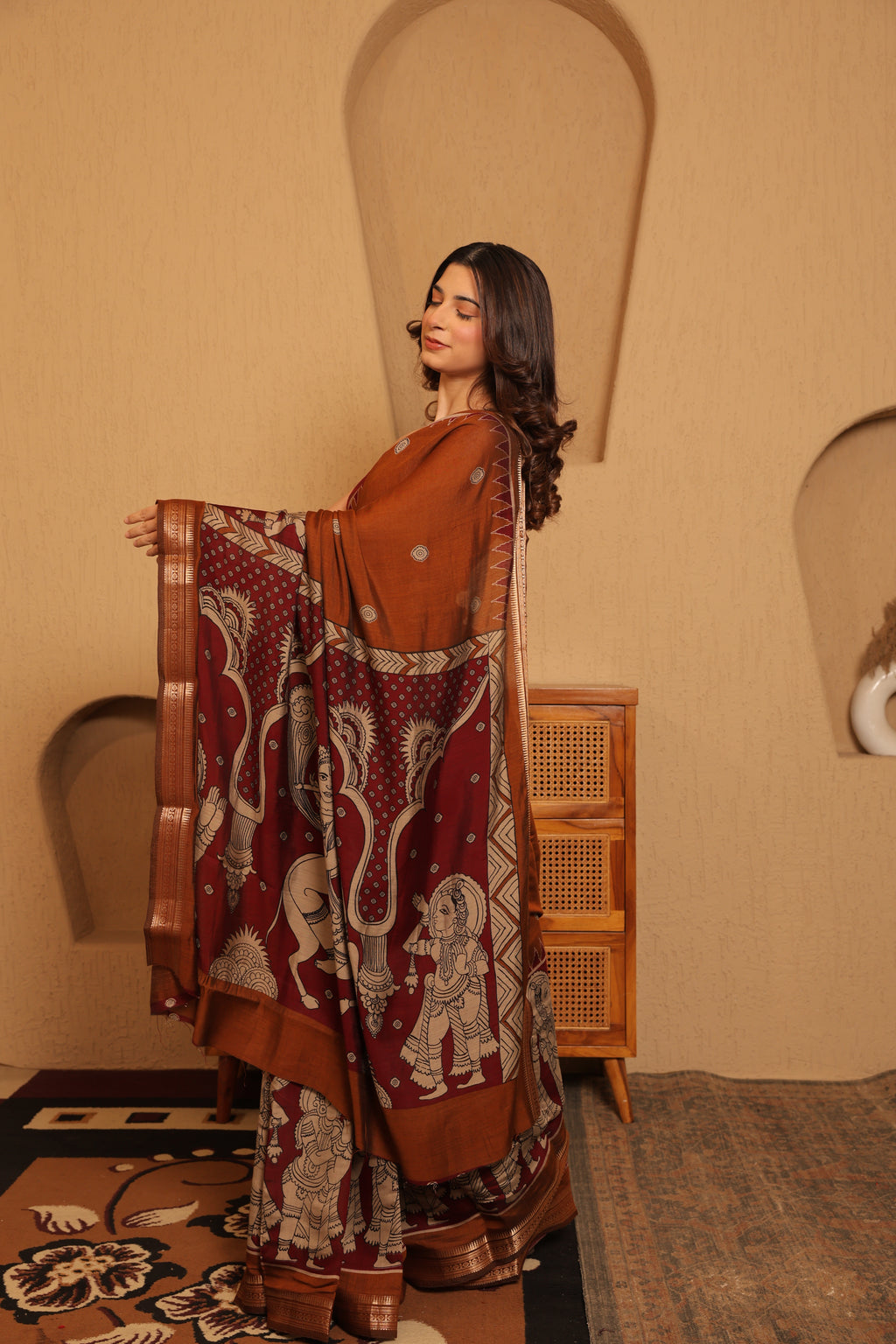 Pen Kalamkari on Chennur Silk – Nizam Border Brown Saree