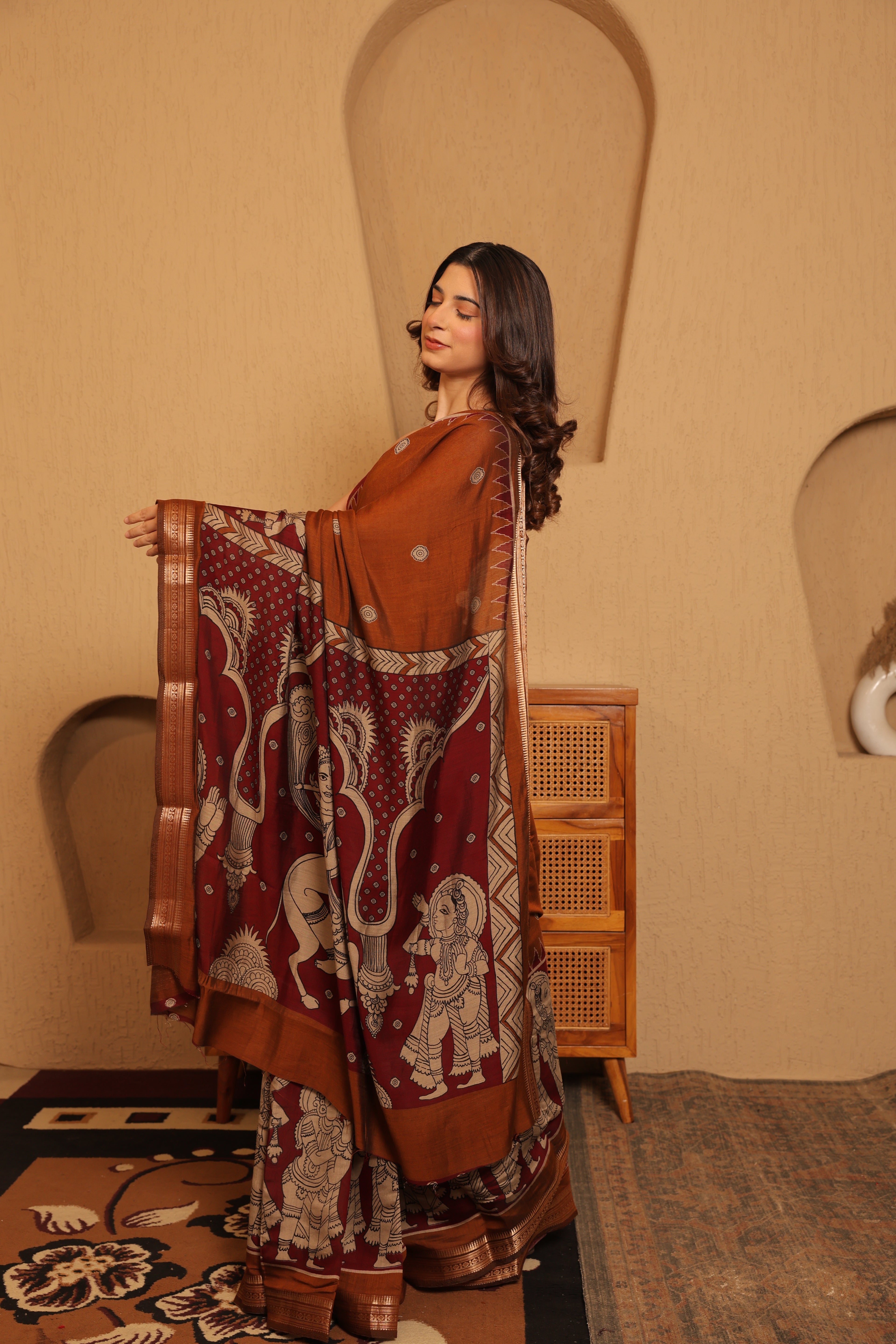 Pen Kalamkari on Chennur Silk – Nizam Border Brown Saree