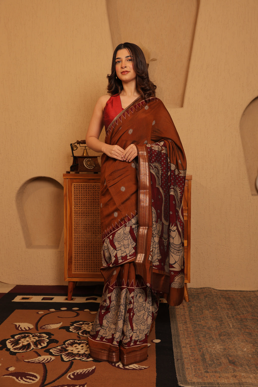Pen Kalamkari on Chennur Silk – Nizam Border Brown Saree