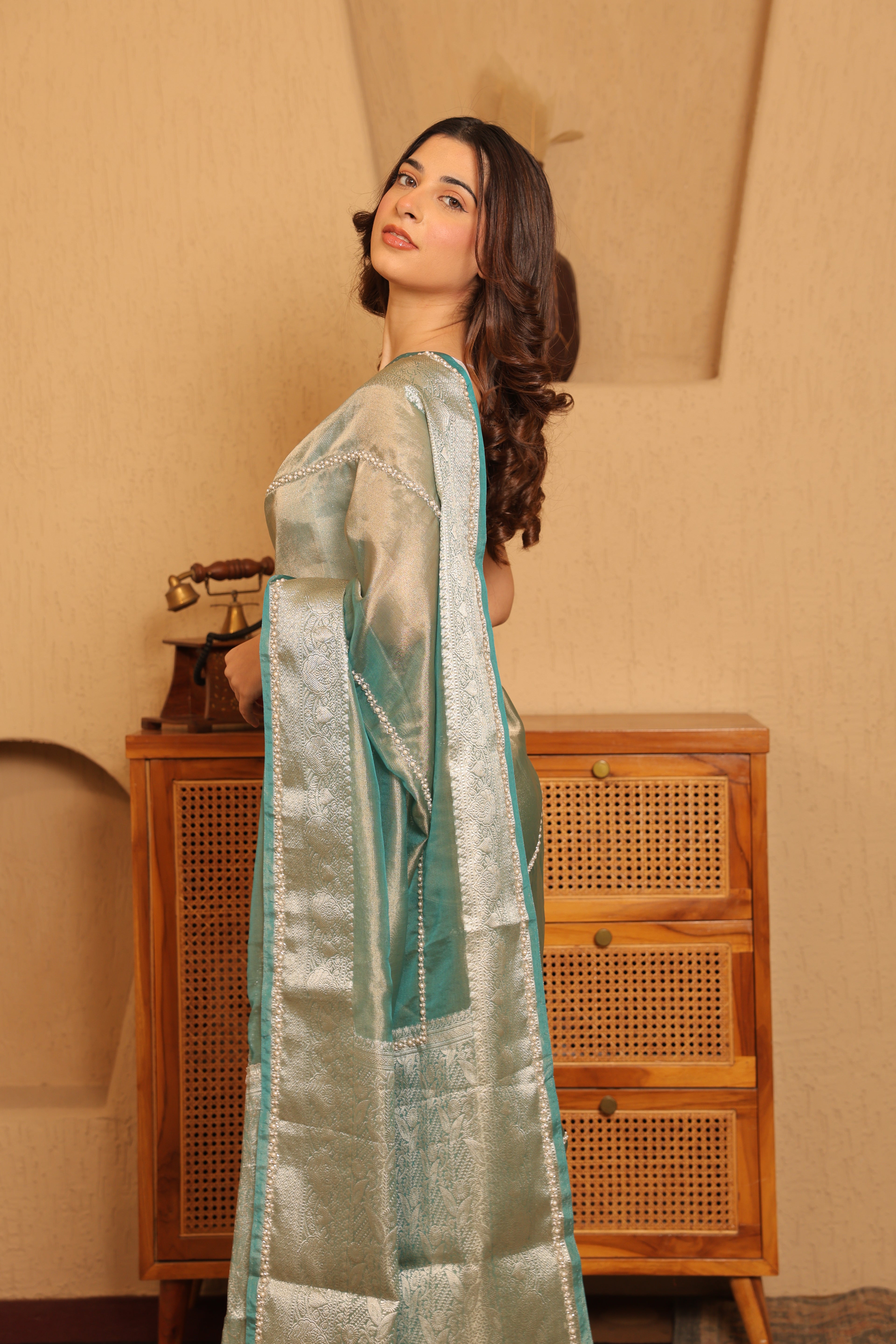Meher - Aqua Blue Tissue Silk Saree