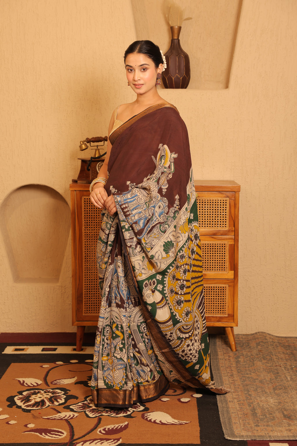 Pen Kalamkari on Chennur Silk – Nizam Border Chocolate Saree