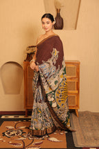 Pen Kalamkari on Chennur Silk – Nizam Border Chocolate Saree