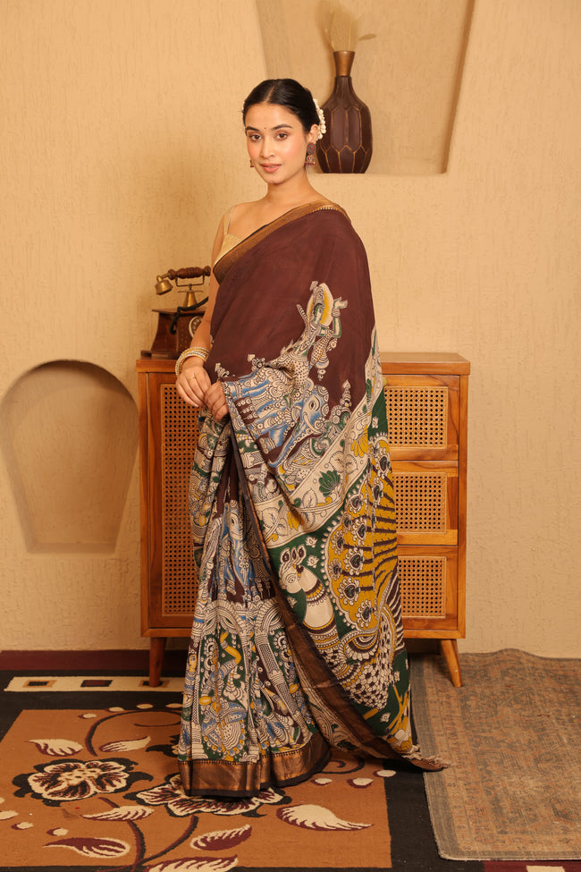 Pen Kalamkari on Chennur Silk – Nizam Border Chocolate Saree Hover Image