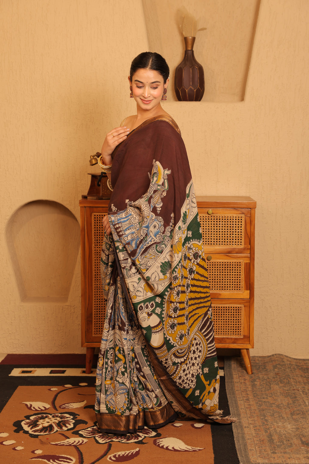 Pen Kalamkari on Chennur Silk – Nizam Border Chocolate Saree