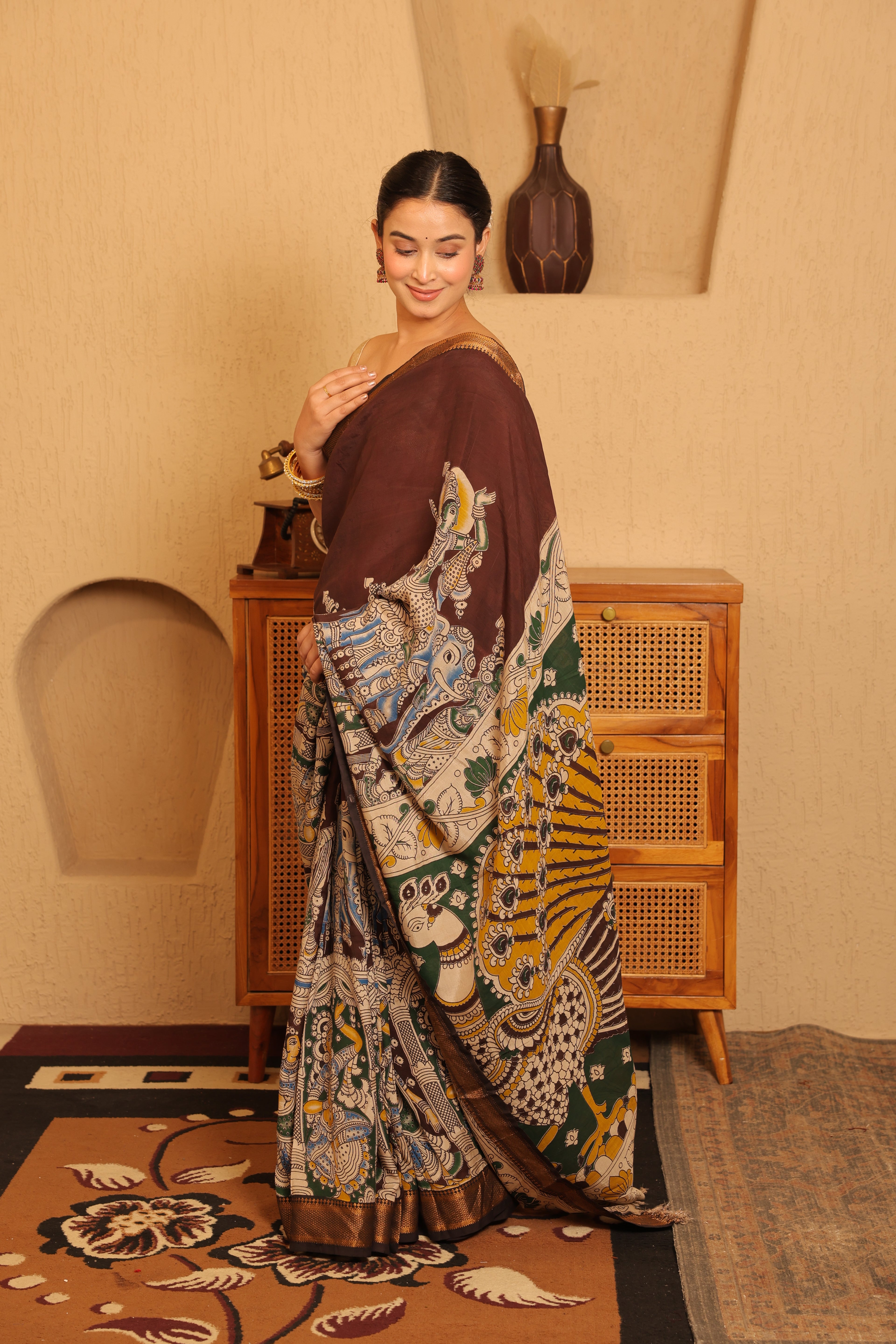 Pen Kalamkari on Chennur Silk – Nizam Border Chocolate Saree
