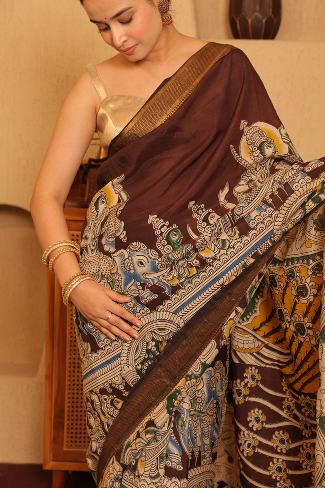 Pen Kalamkari on Chennur Silk – Nizam Border Chocolate Saree Main Image